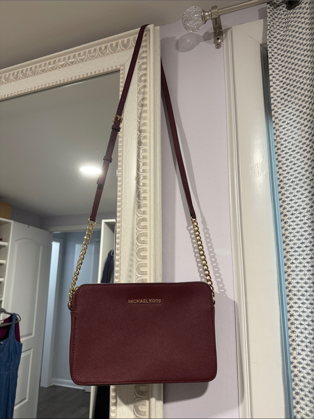 Michael Kors Burgundy Leather Crossbody with Gold Chain